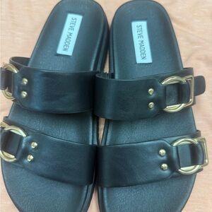 Steve Madden Black Double-Strap Slide Sandals with Gold Buckles
